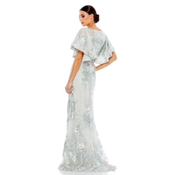 NWT MAC DUGGAL Bell Sleeve Floral Embellished Gown in Seafoam - Picture 3 of 4